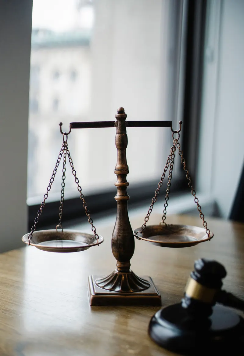 Brass scales of justice on a desk beside a window